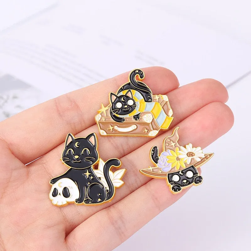 Funny Cat Skull Enamel Badge For Halloween