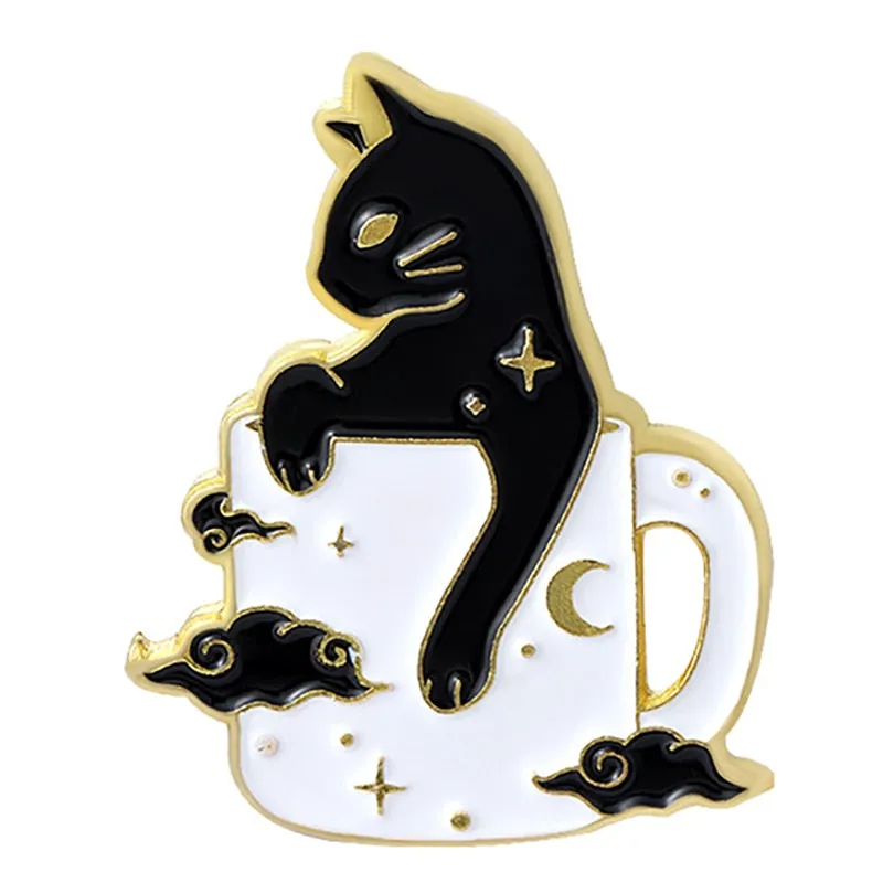 Funny Cat Skull Enamel Badge For Halloween