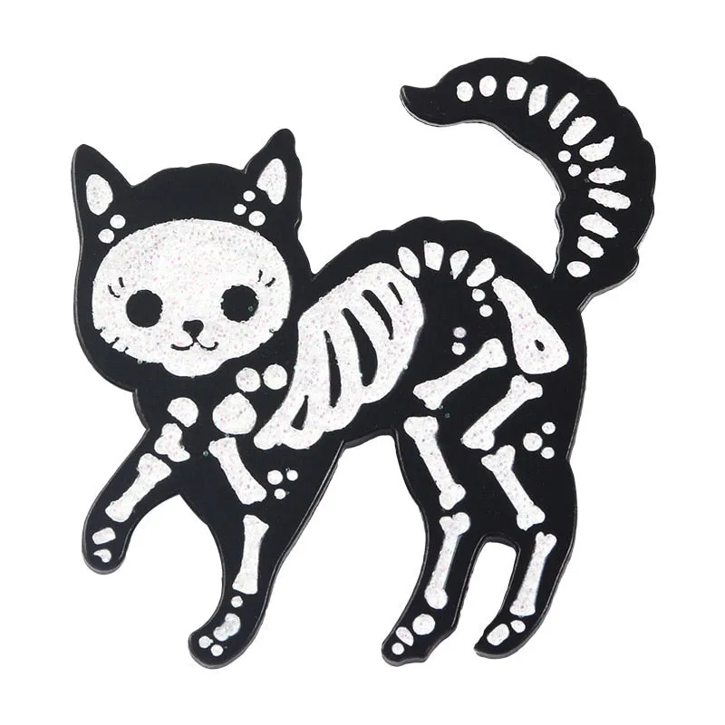 Funny Cat Skull Enamel Badge For Halloween