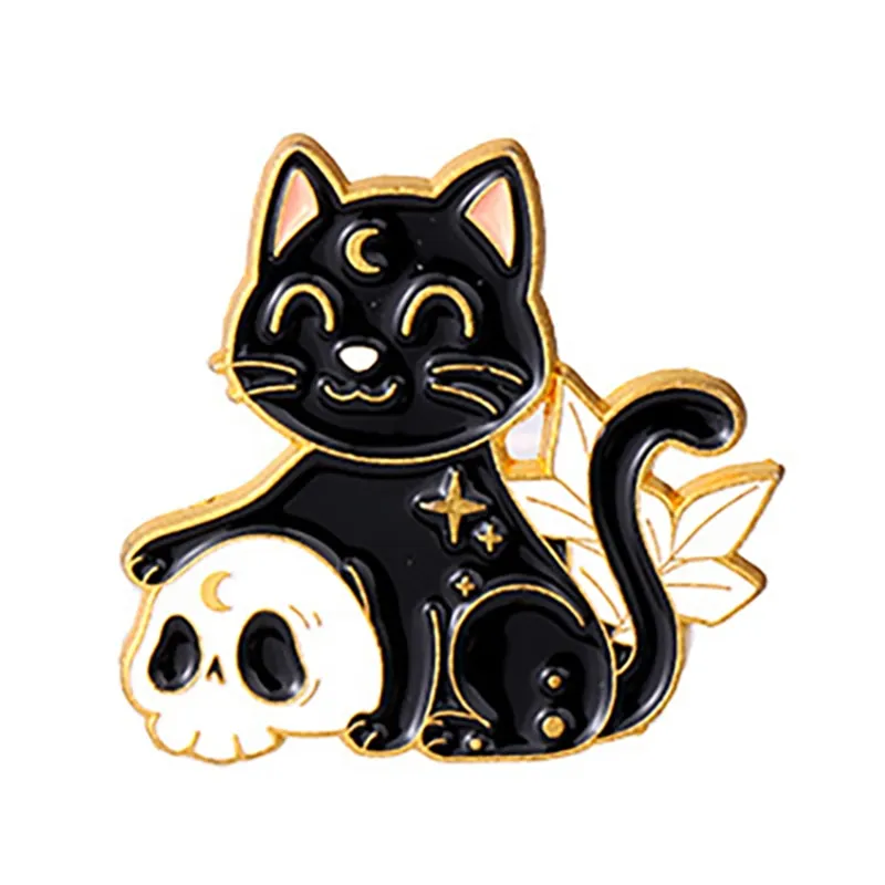 Funny Cat Skull Enamel Badge For Halloween