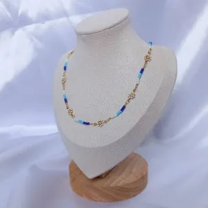 Gold Chain Daisy Necklace -Flower Necklaces In The UK,Blue Beaded Necklace,Daisy Jewelley In The UK,Delicate Necklace,Small Beaded Jewellery