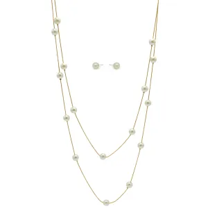 GOLD CREAM PEARL TWO ROW LAYER NECKLACE AND EARRINGS SET#HNN E90734GDCM (SD6)