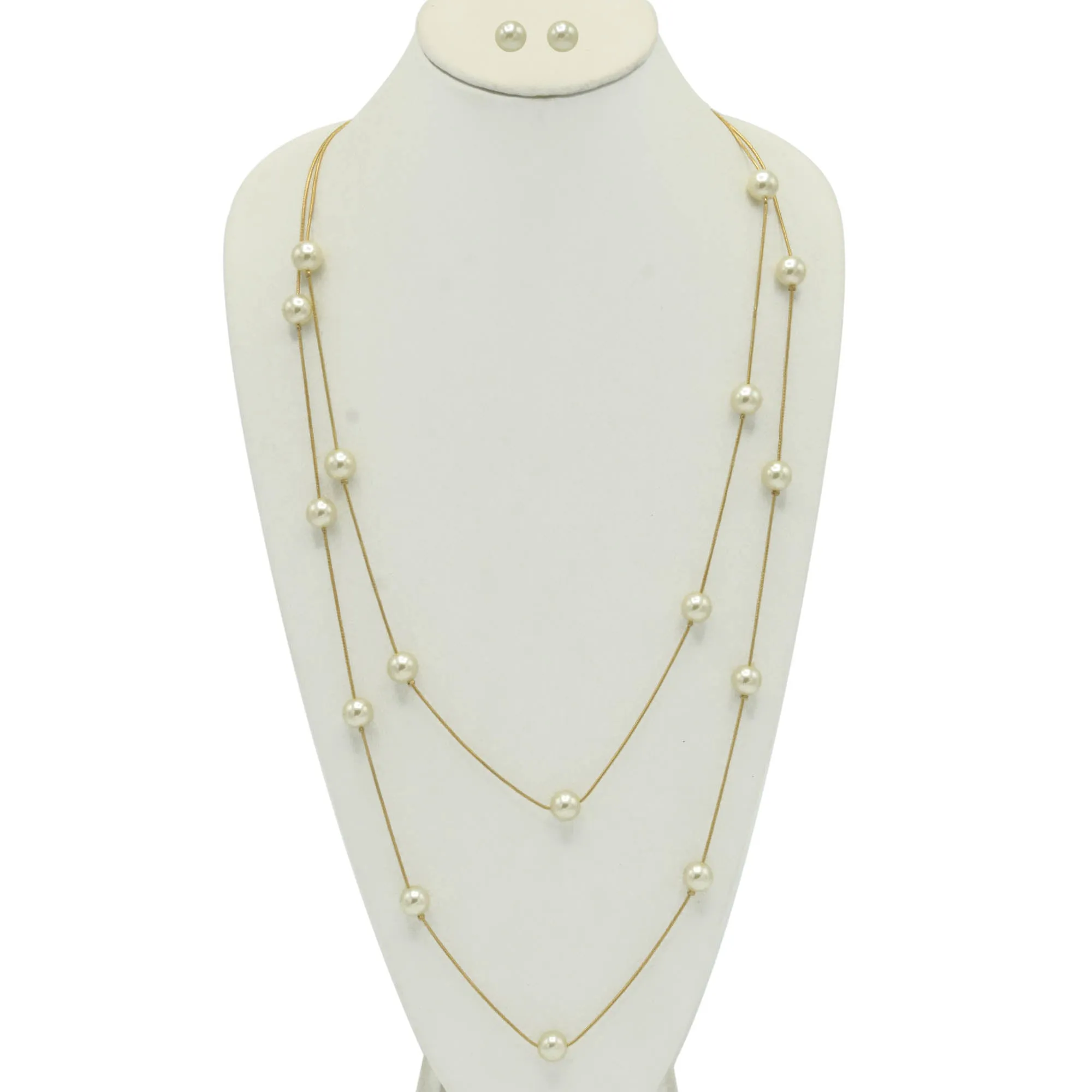 GOLD CREAM PEARL TWO ROW LAYER NECKLACE AND EARRINGS SET#HNN E90734GDCM (SD6)