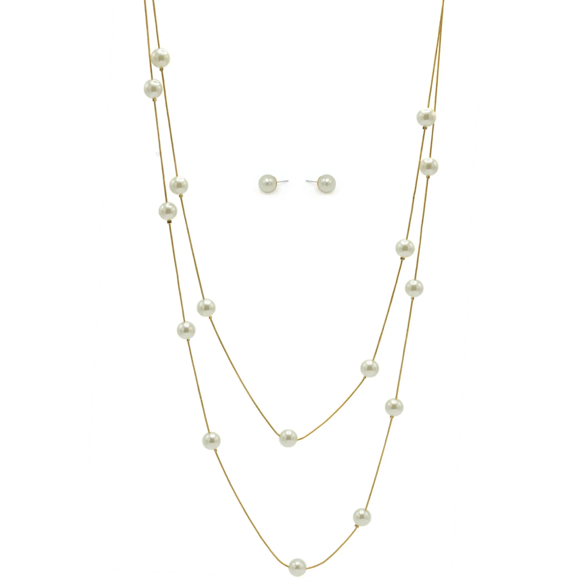 GOLD CREAM PEARL TWO ROW LAYER NECKLACE AND EARRINGS SET#HNN E90734GDCM (SD6)