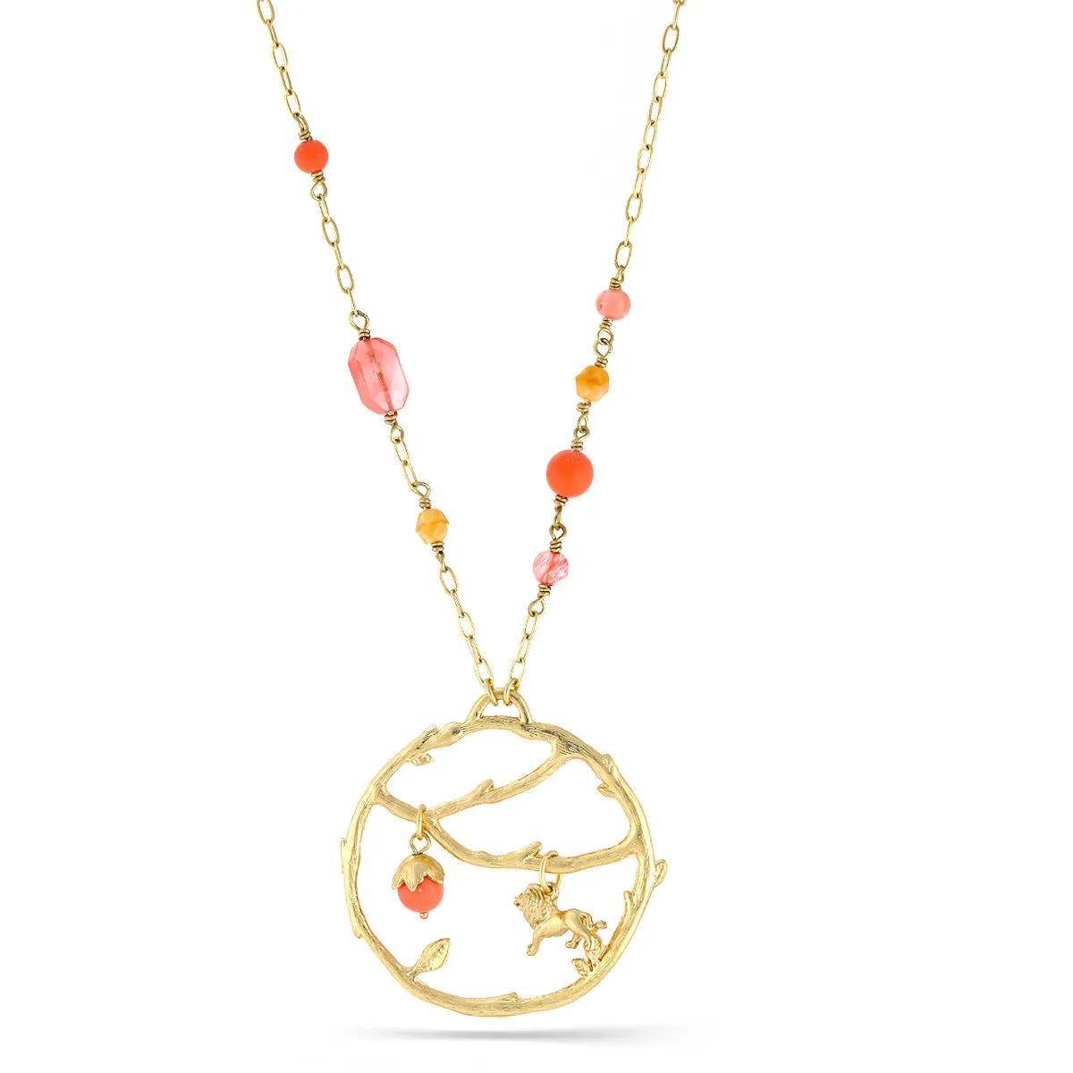 GOLD LION CHARM AND ORANGE BEADS DROP NECKLACE #203CR1101 (IB22)
