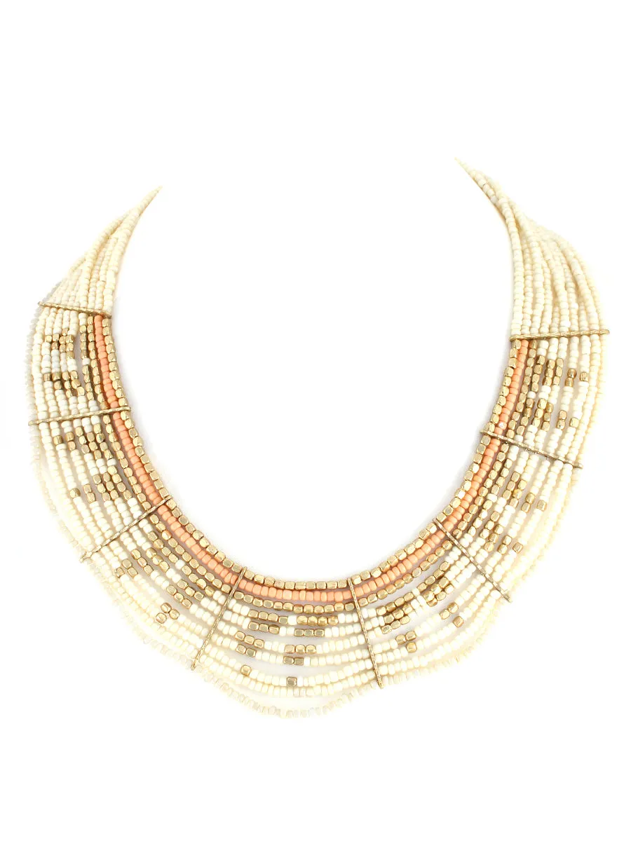 GOLD-MULTI WHITE GOLD PINK BEADED BIB NECKLACE  #FW1404691 (OD6/O SEC)