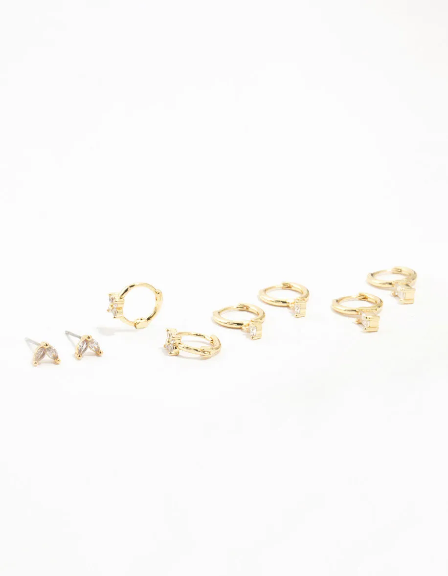 Gold Plated Brass  Brass Cubic Zirconia Hoop Earrings 4-Pack