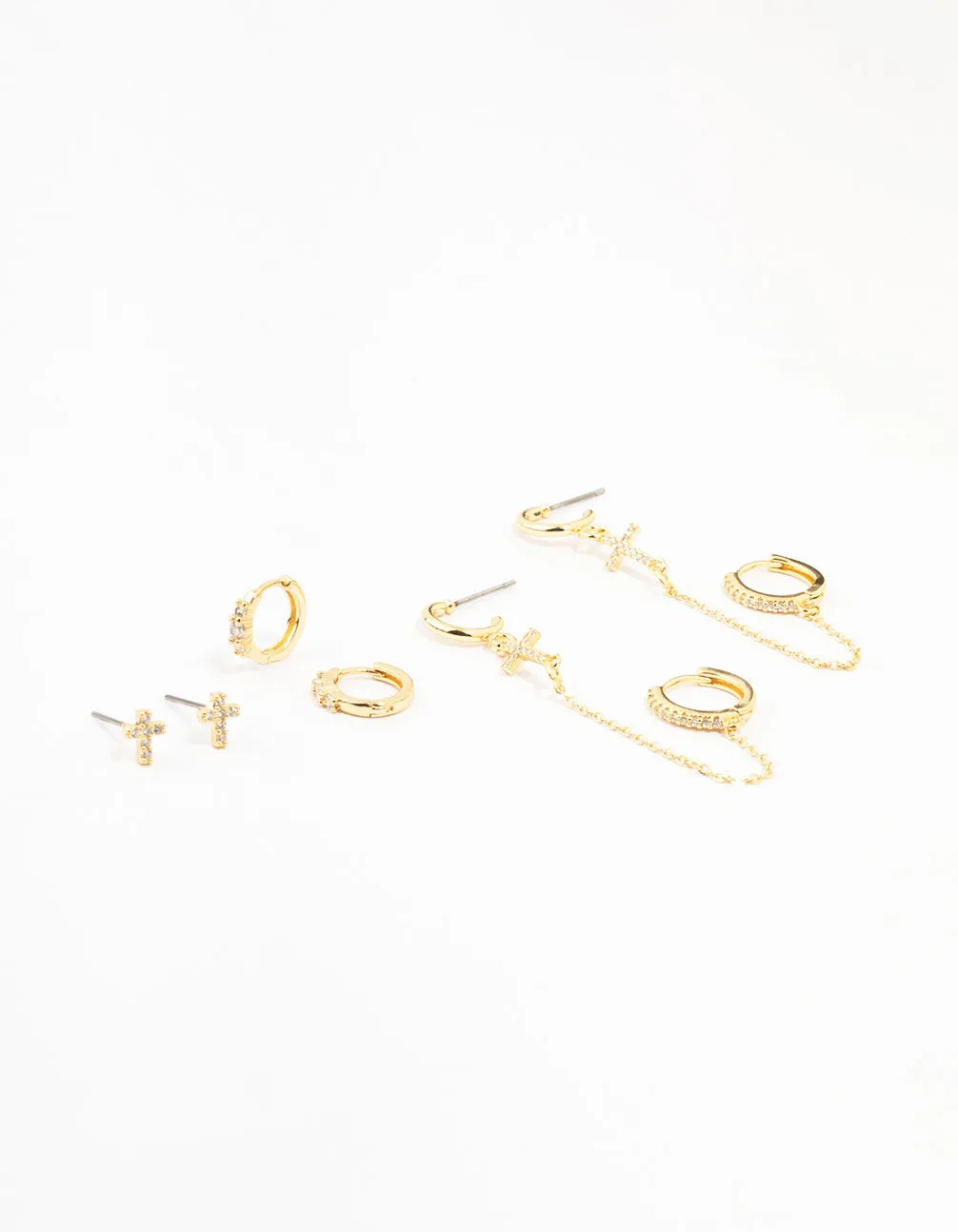Gold Plated Brass Cross Stud & Chain Earrings 4-Pack