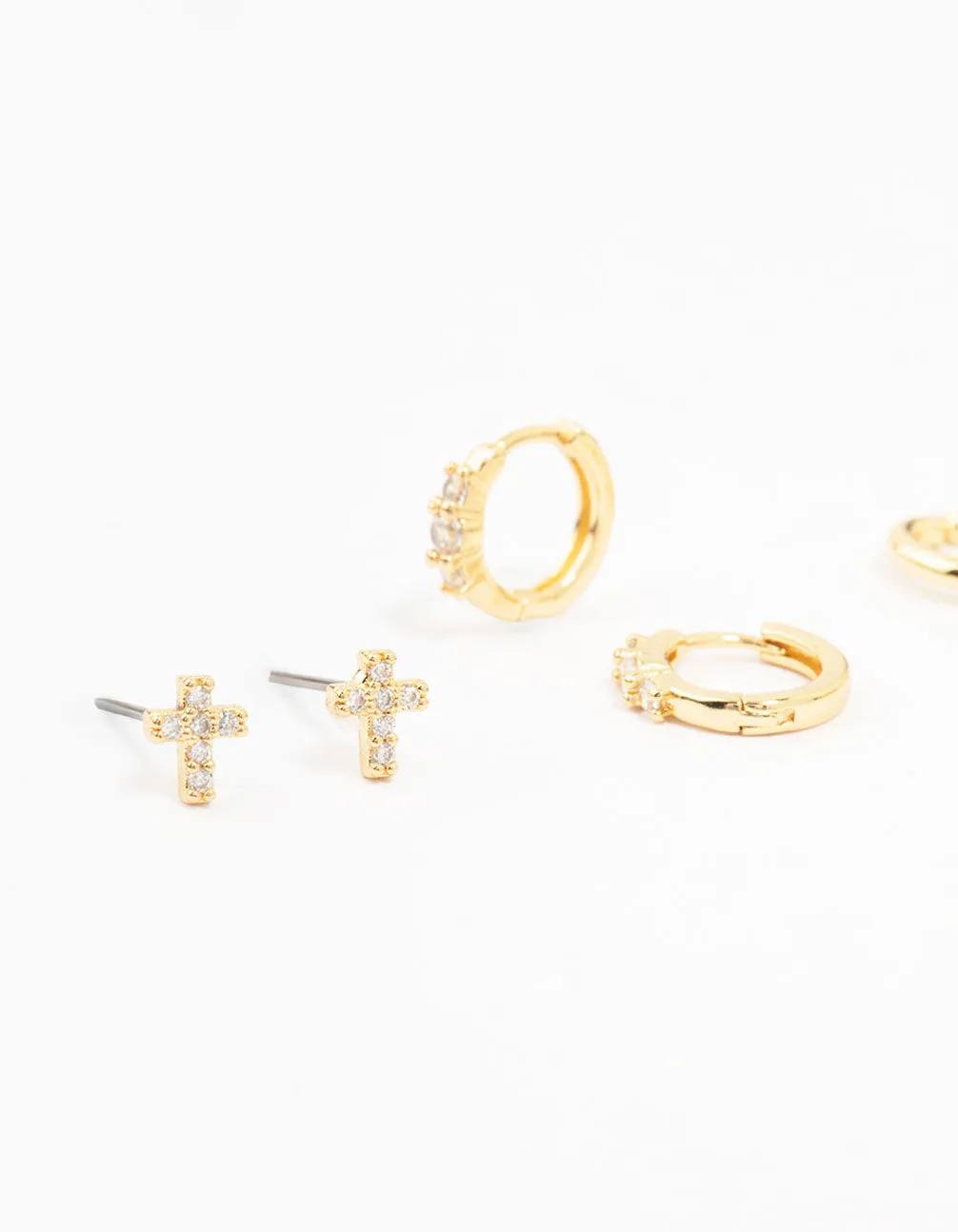 Gold Plated Brass Cross Stud & Chain Earrings 4-Pack