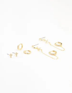 Gold Plated Brass Cross Stud & Chain Earrings 4-Pack