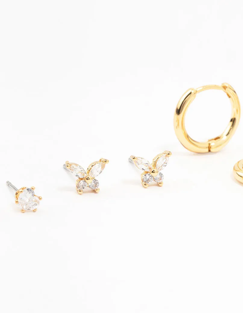 Gold Plated Brass Pave Star & Butterfly Earrings 4-Pack