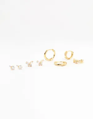 Gold Plated Brass Pave Star & Butterfly Earrings 4-Pack