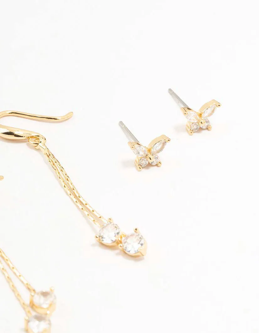 Gold Plated Butterfly Drop Earrings 3-Pack