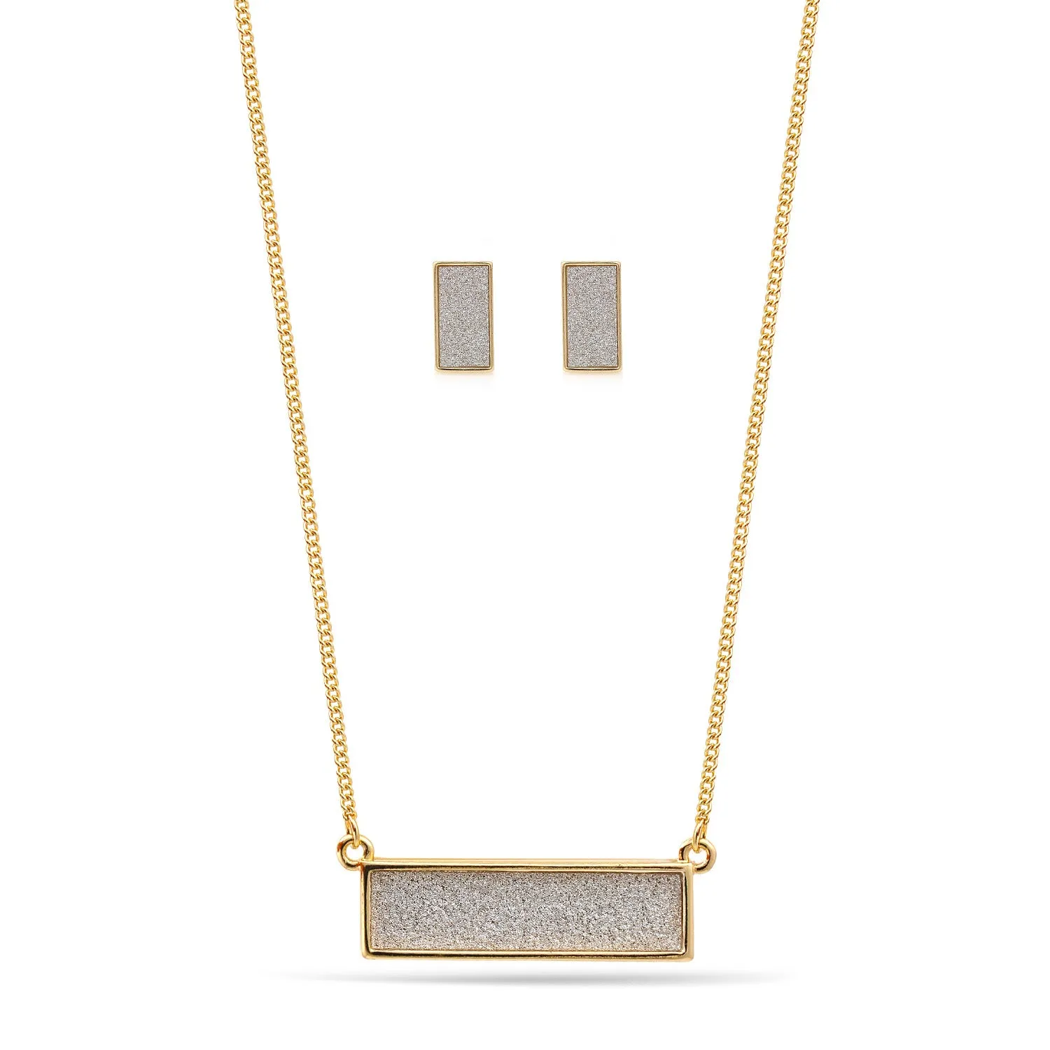 GOLD SILVER SANDED RECTANGLE NECKLACE AND EARRINGS SET #SQ291-0102 (GC13)