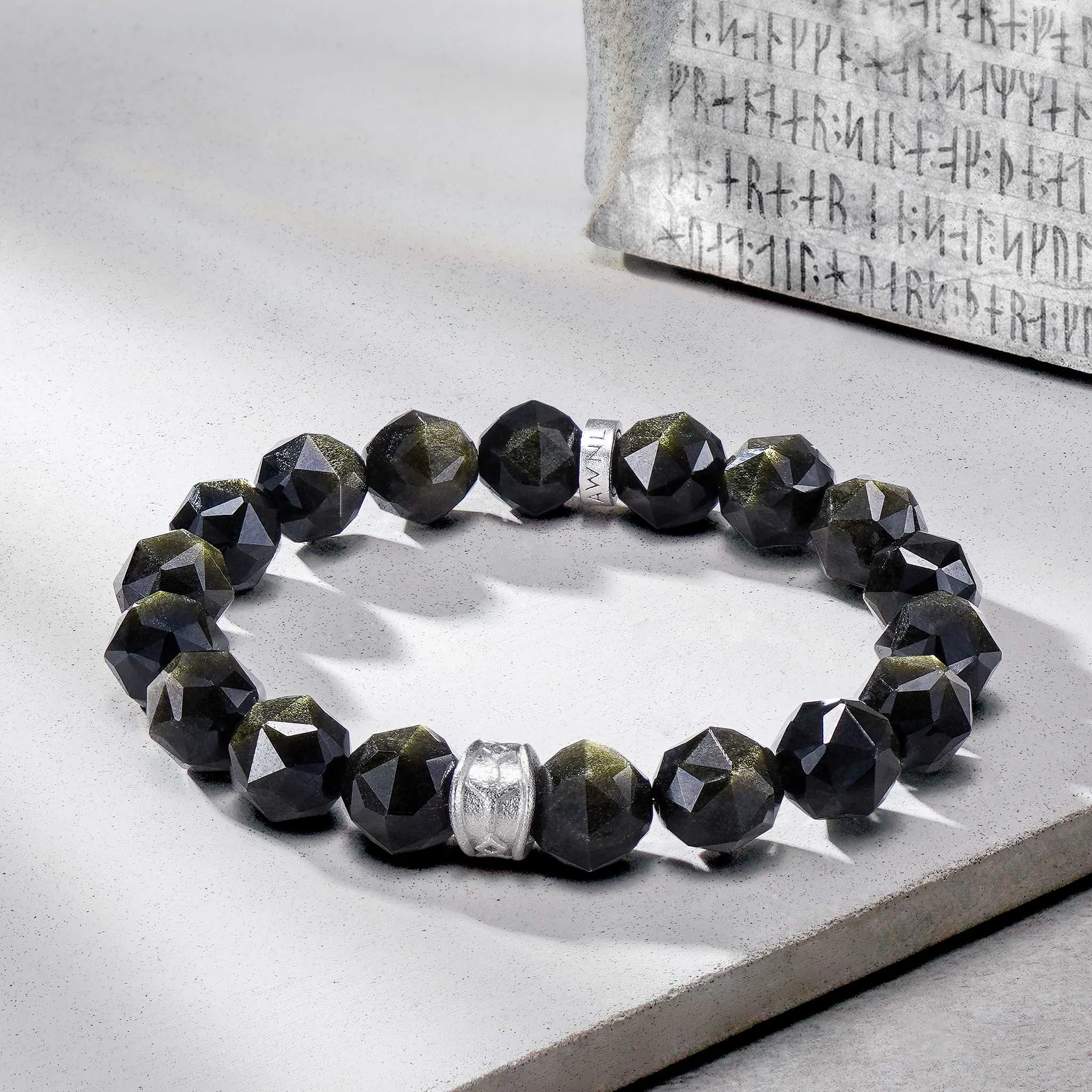 Golden Obsidian Rune-Engraved Bracelet