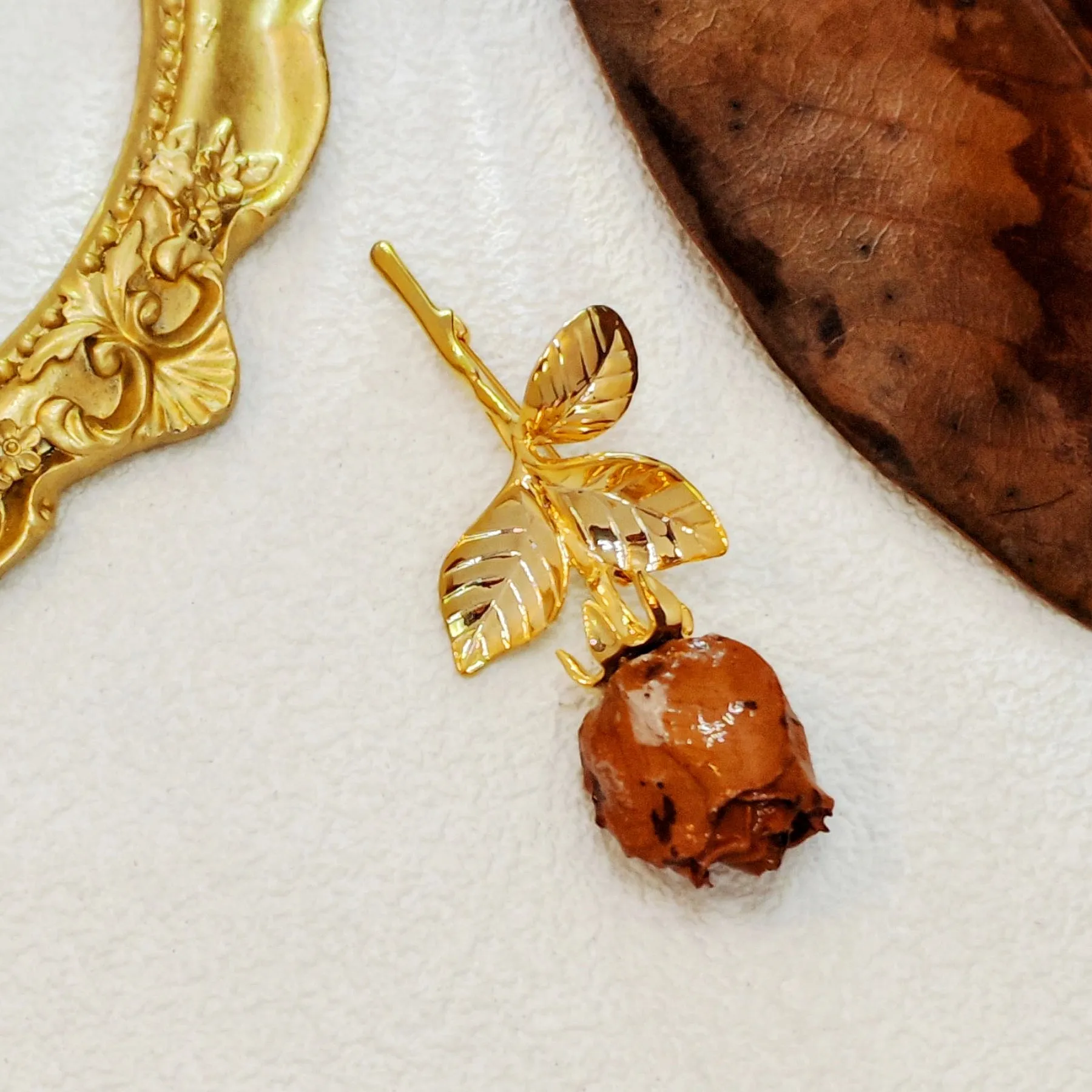 Gorgeous Real Dried Rose Bud Lapel Pin Brooch Gold Tone