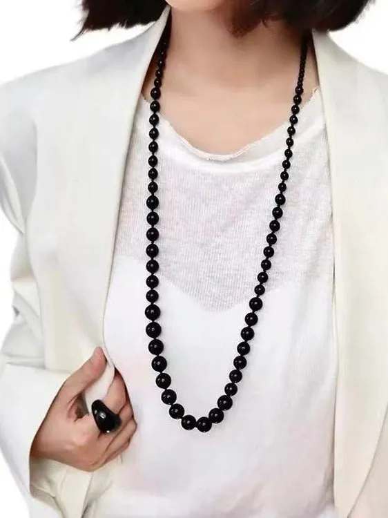 Gradient Black Agate Stone Long Necklace