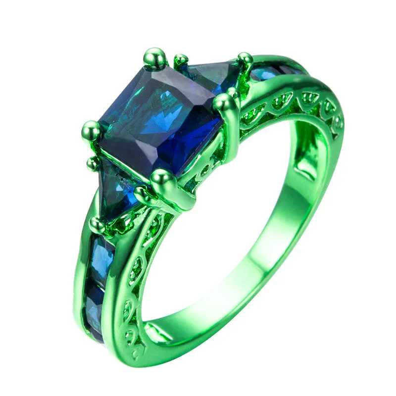 Green Gold Cosmic Blue Zircon Ring