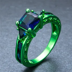 Green Gold Cosmic Blue Zircon Ring