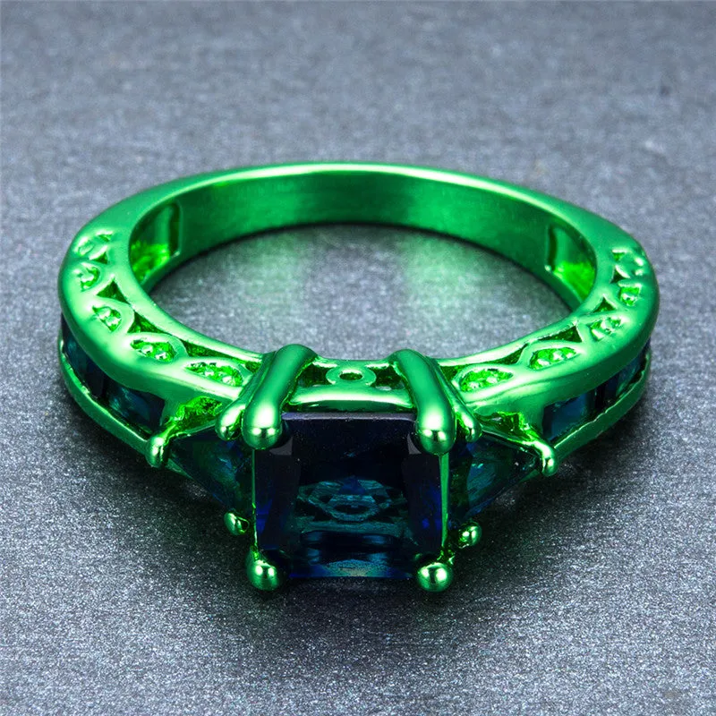 Green Gold Cosmic Blue Zircon Ring
