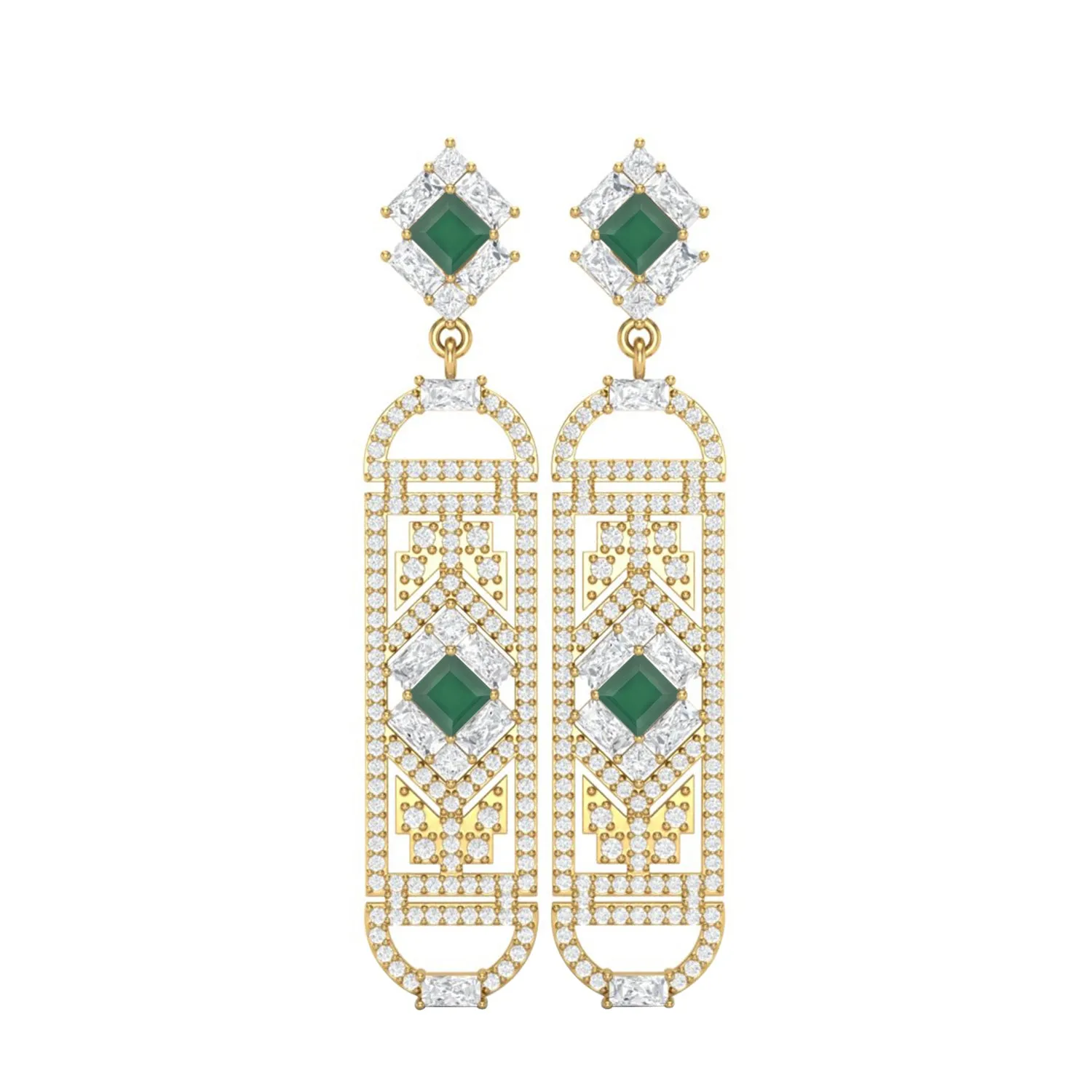 Green Onyx Cylindrical Long Drop Dangle Women Earrings 9k Yellow Gold