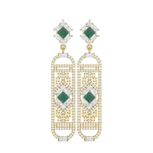 Green Onyx Cylindrical Long Drop Dangle Women Earrings 9k Yellow Gold