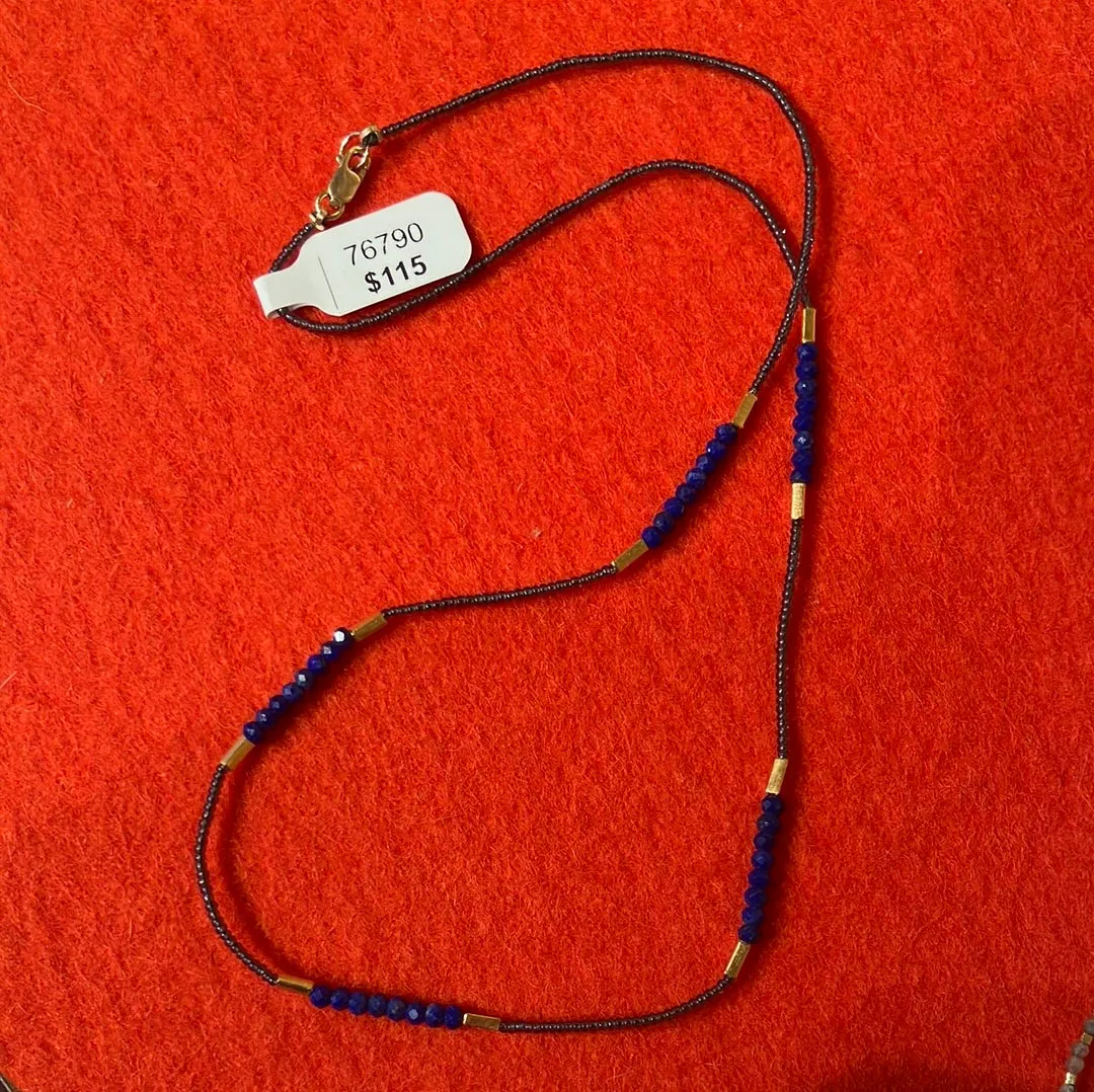 Grey seed, gold vermeil and lapis beads with gold fill clasp - Necklace