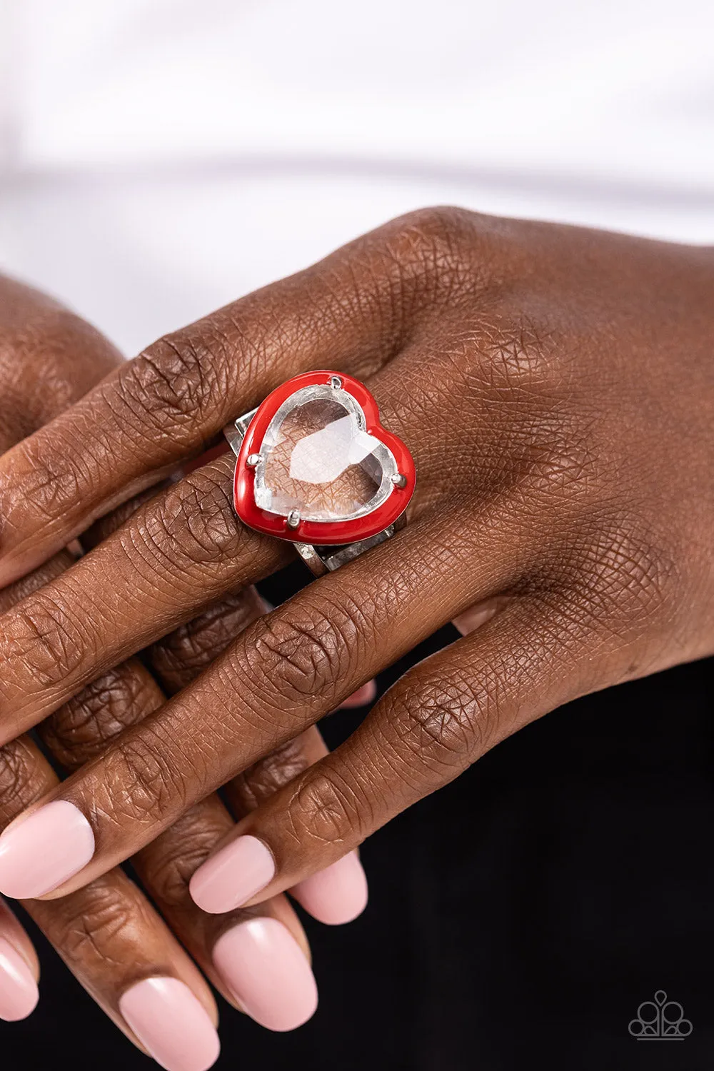 Hallmark Heart - Red - Painted Heart Faceted White Gem Paparazzi Ring