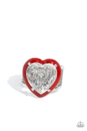 Hallmark Heart - Red - Painted Heart Faceted White Gem Paparazzi Ring