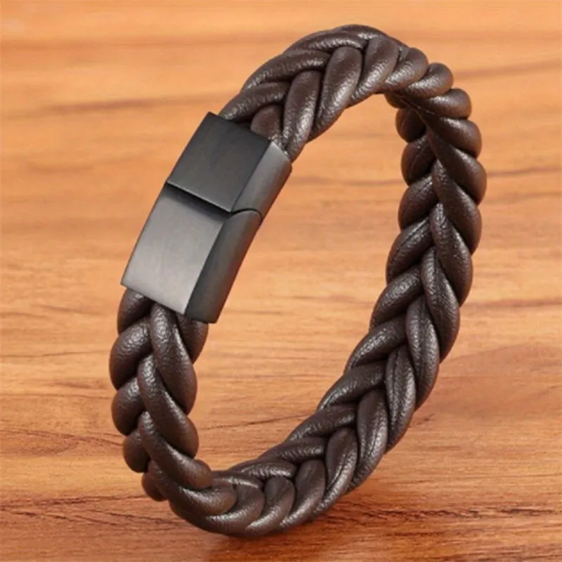 Hand Braided PU Leather Bracelet for Men Magnet Clasp Casual Party Jewelry