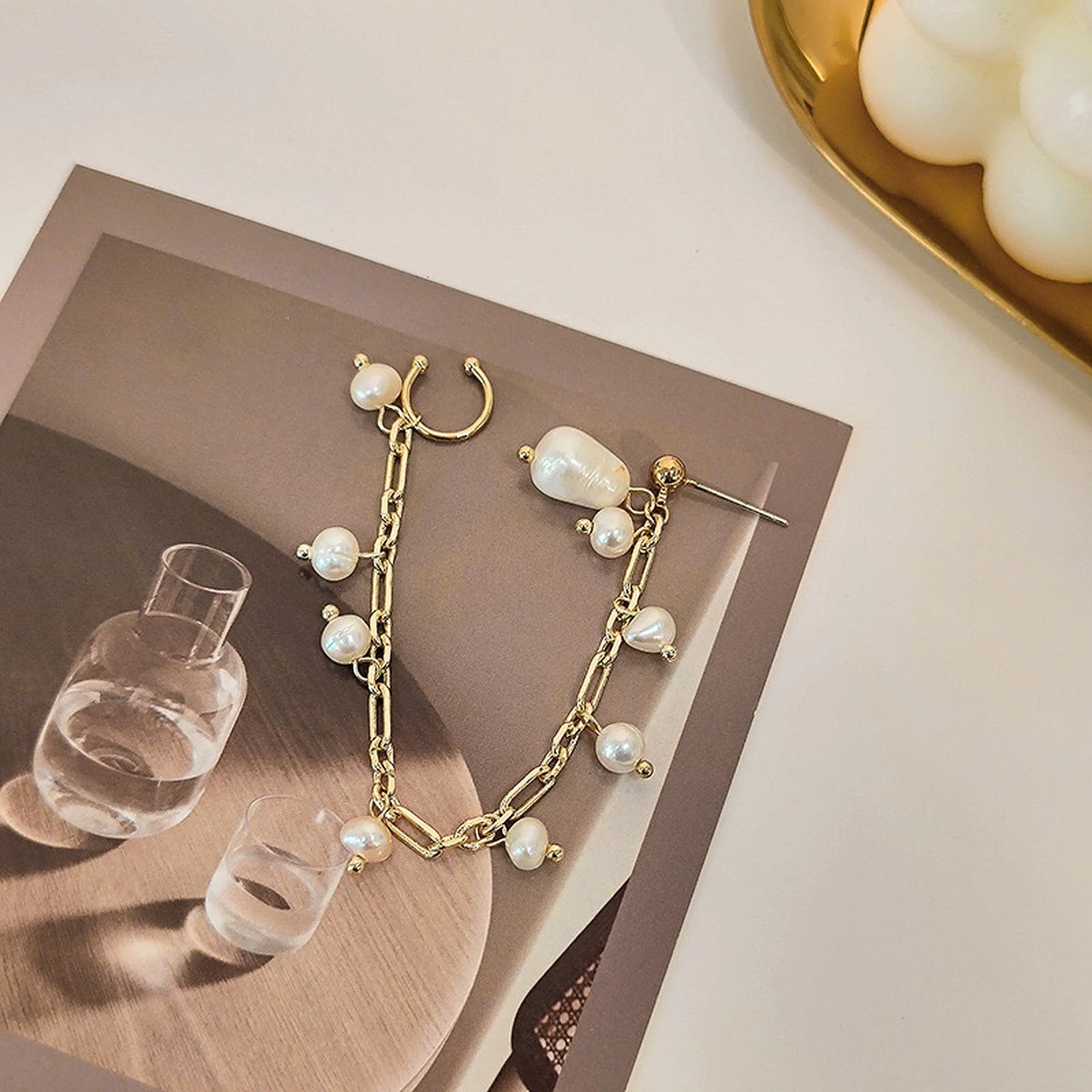 Handmade Freshwater Pearl Gold Dangle Chain Cuff Earrings