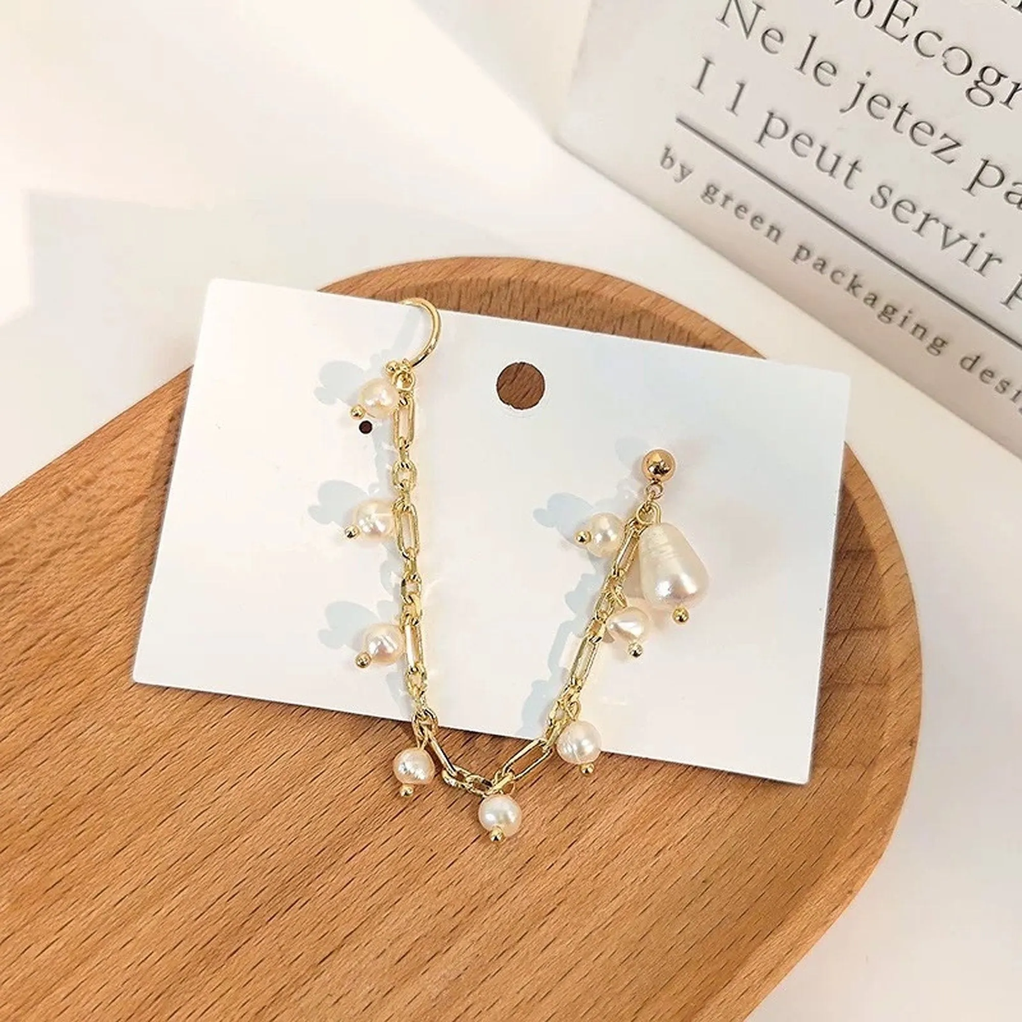 Handmade Freshwater Pearl Gold Dangle Chain Cuff Earrings
