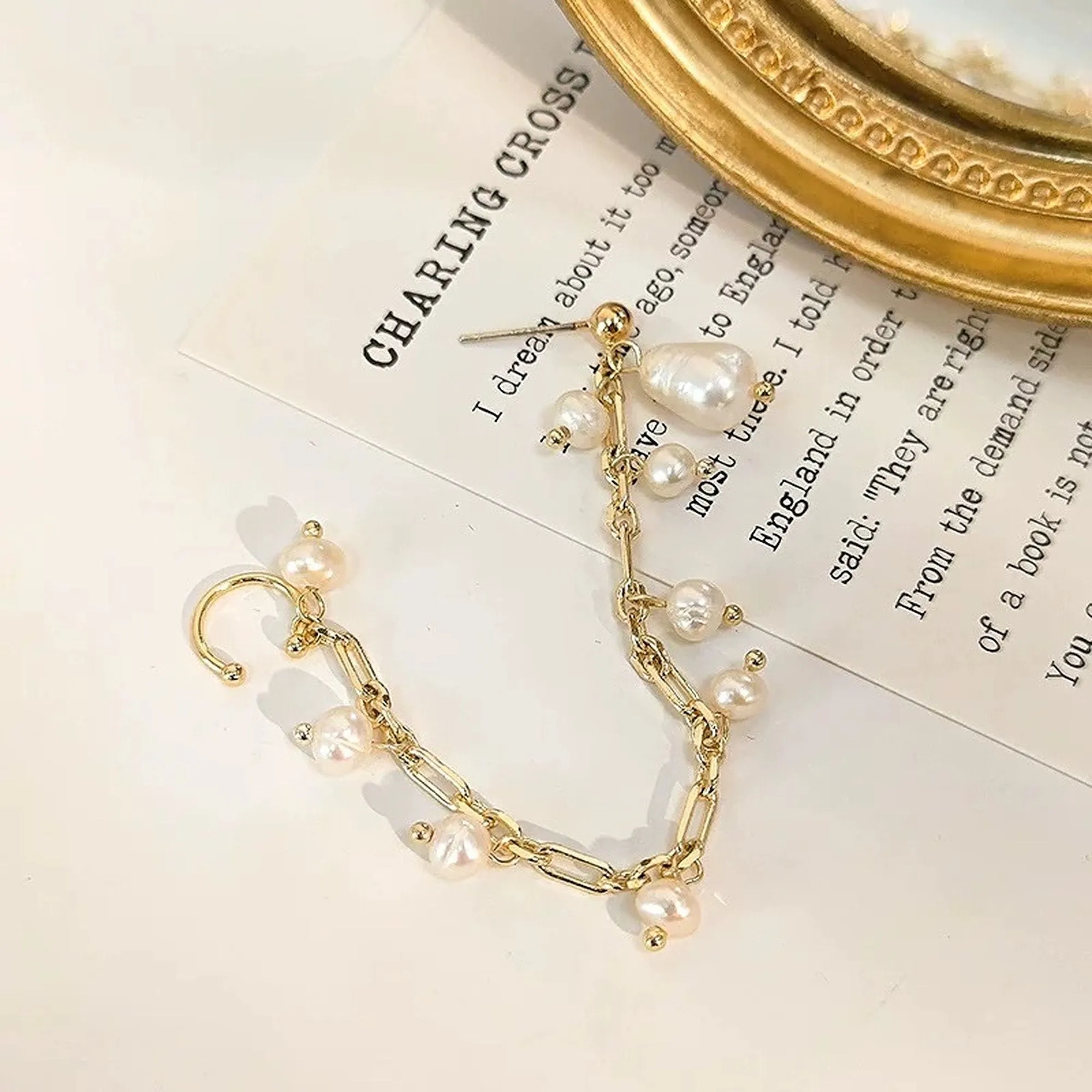 Handmade Freshwater Pearl Gold Dangle Chain Cuff Earrings
