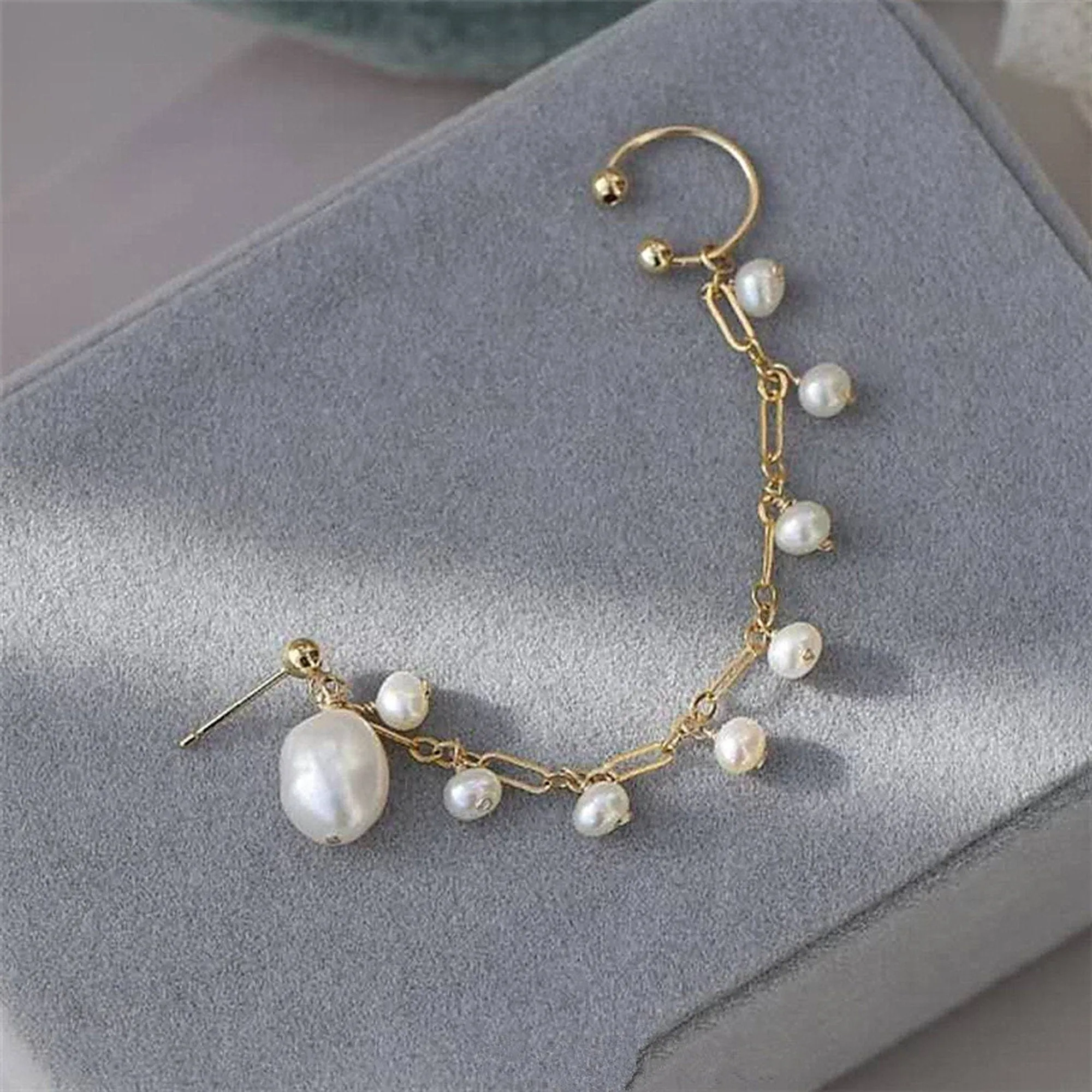 Handmade Freshwater Pearl Gold Dangle Chain Cuff Earrings