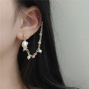 Handmade Freshwater Pearl Gold Dangle Chain Cuff Earrings