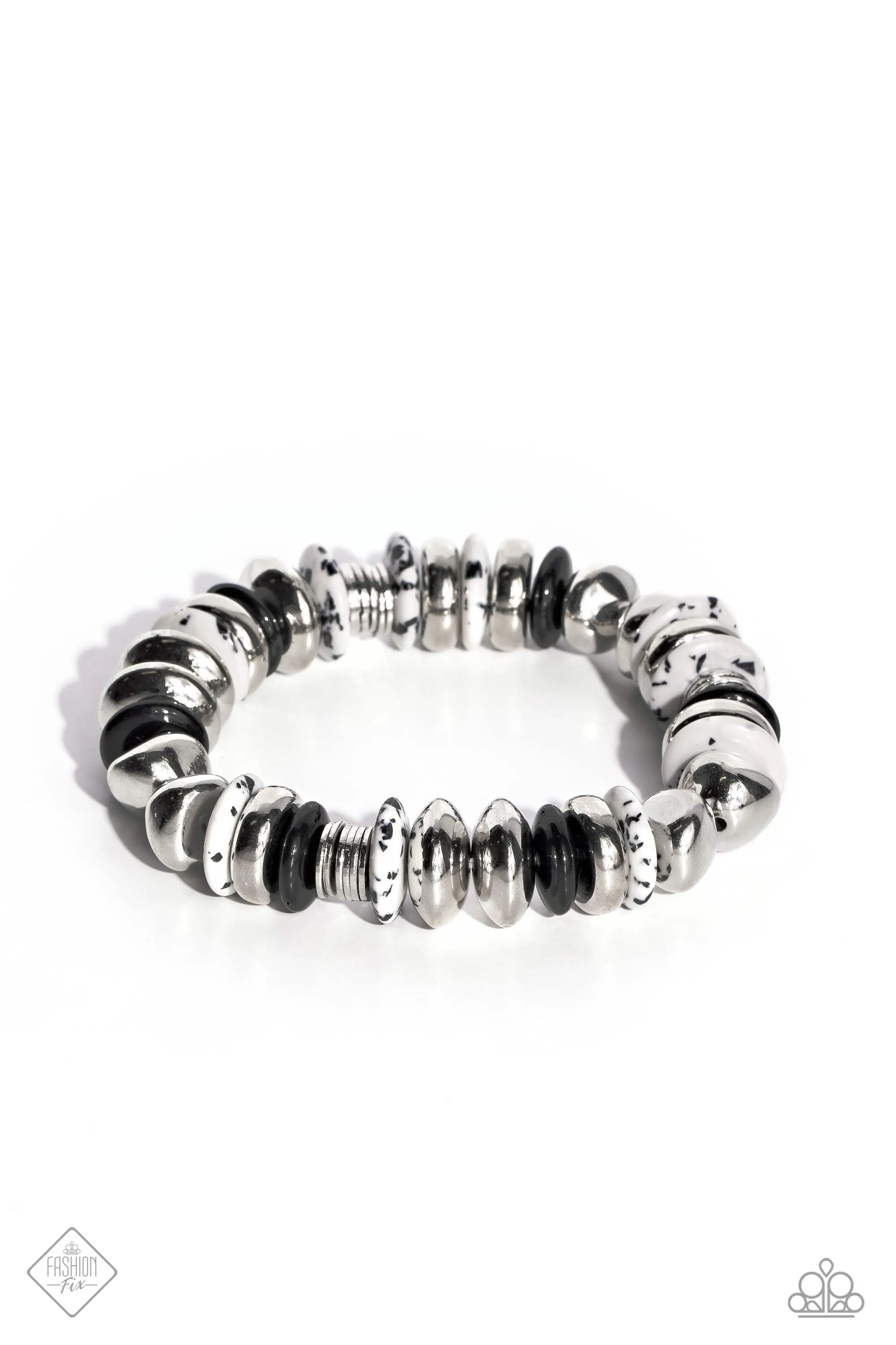 Harmoniously High-End - Black - Speckled White Stone and Bead Paparazzi Stretchy Bracelet - October 2023 Simply Santa Fe