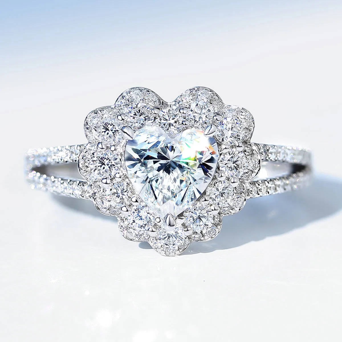 Heart Cut Lab-Grown Diamond Flower Halo Ring