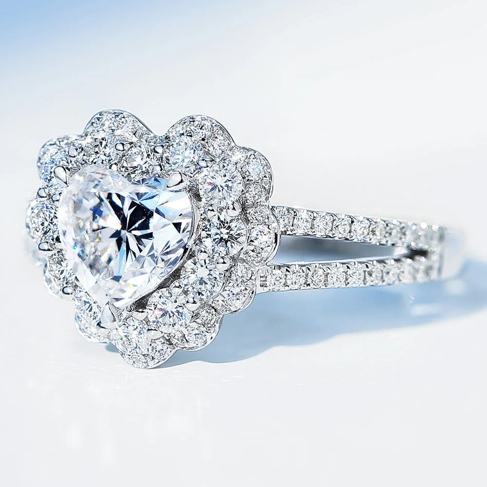 Heart Cut Lab-Grown Diamond Flower Halo Ring