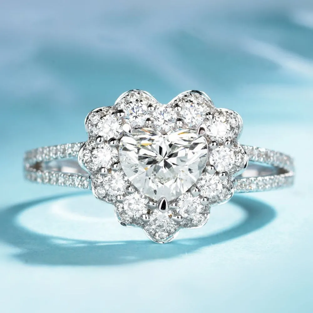 Heart Cut Lab-Grown Diamond Flower Halo Ring