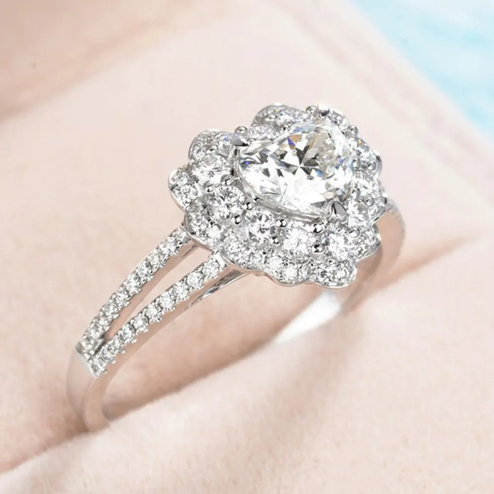 Heart Cut Lab-Grown Diamond Flower Halo Ring