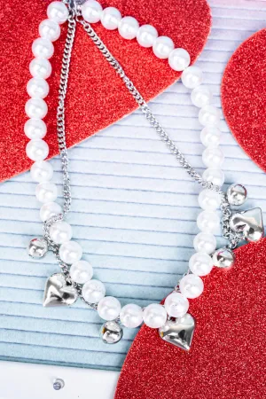 Heart To Heart  Silvertone and Pearl Heart Beaded Necklace Set