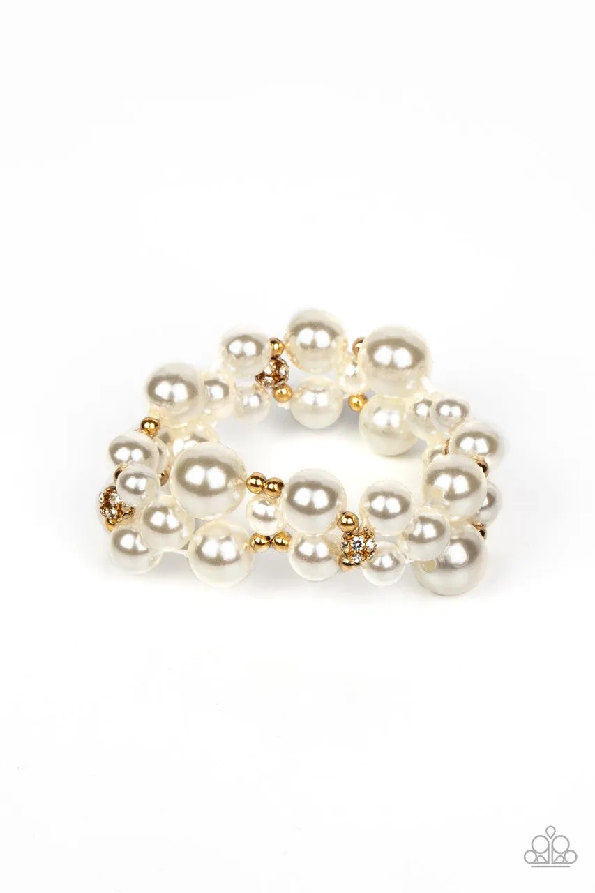 Her Serene Highness - Gold - White Pearl Rhinestone Paparazzi Stretchy Bracelet