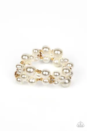 Her Serene Highness - Gold - White Pearl Rhinestone Paparazzi Stretchy Bracelet