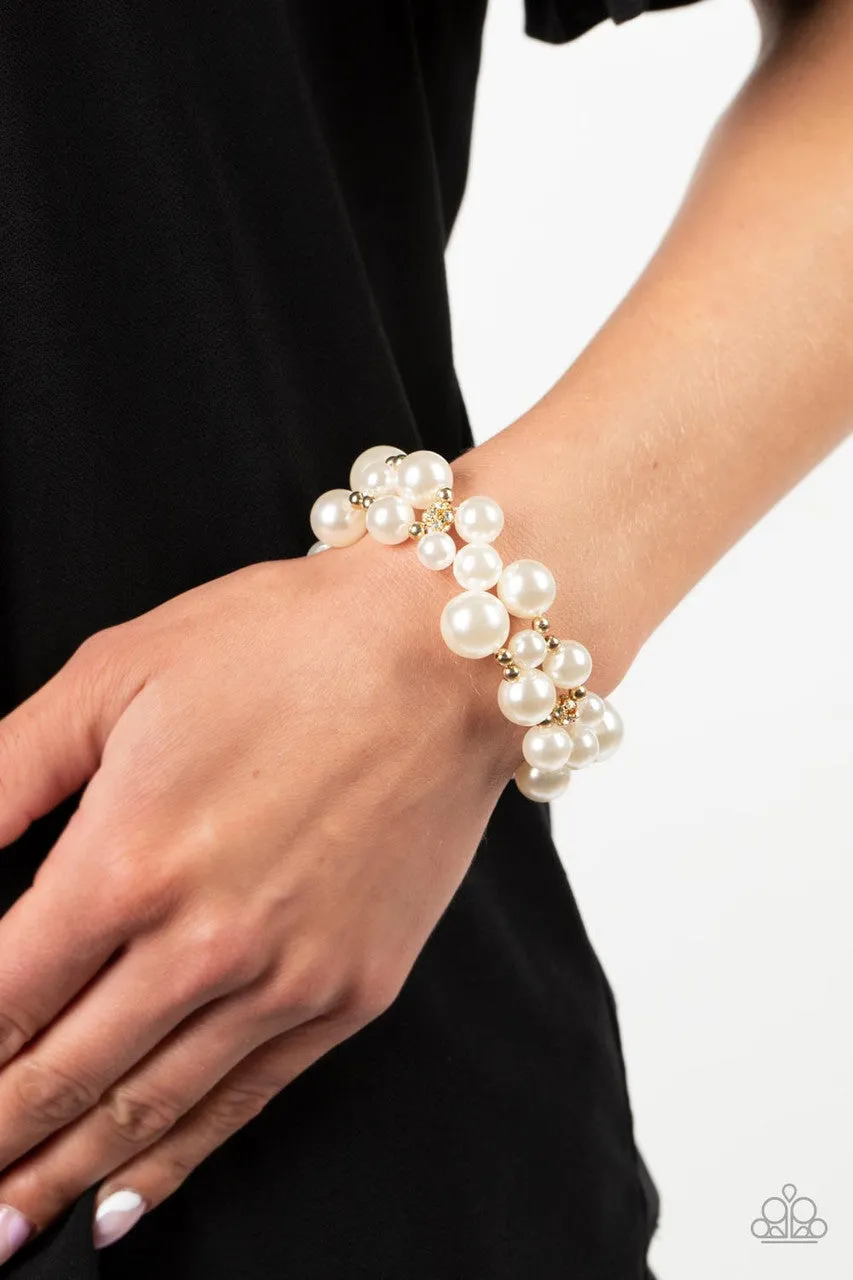 Her Serene Highness - Gold - White Pearl Rhinestone Paparazzi Stretchy Bracelet