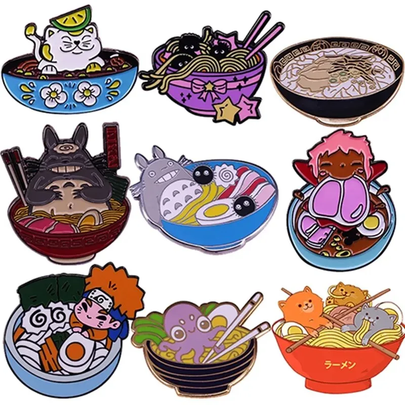 High Quality Funny Ramen Bowl Brooches Cute Animal Food Noodles Enamel Pins Foodies Jewelry Gifts Lapel Pins Fashion Accessories