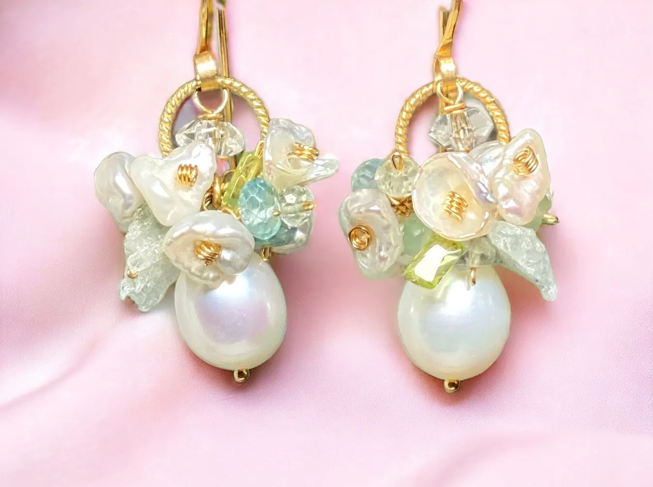 Ivory Baroque Pearl Earrings Clusters of Aquamarine, Peridot, Herkimer Diamond Quartz