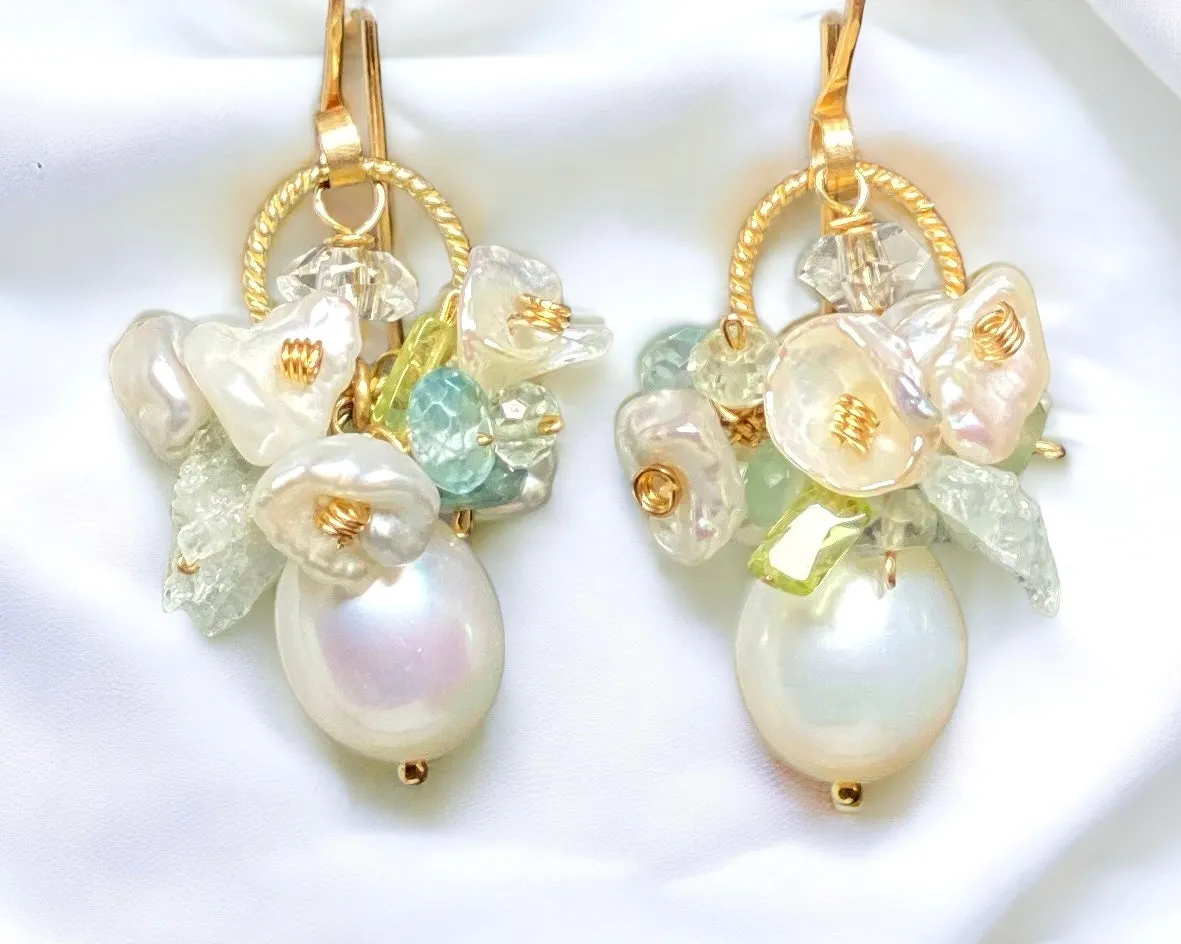 Ivory Baroque Pearl Earrings Clusters of Aquamarine, Peridot, Herkimer Diamond Quartz