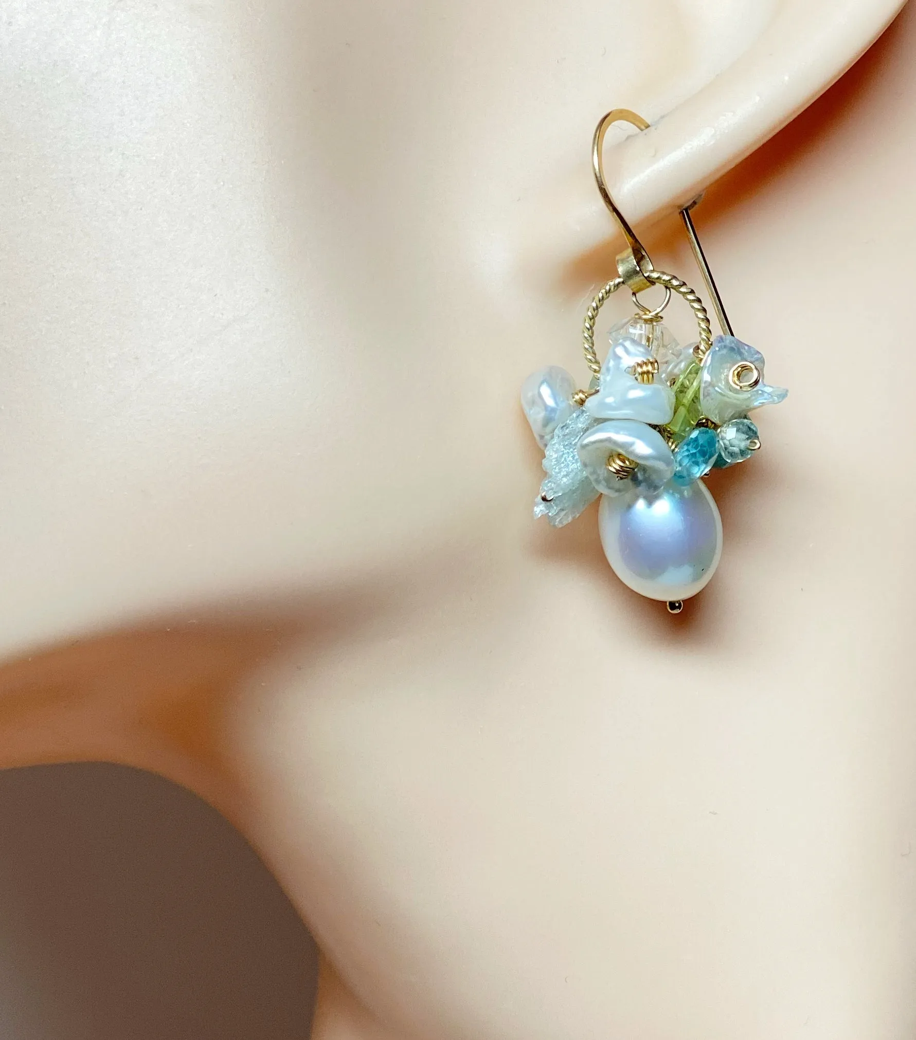 Ivory Baroque Pearl Earrings Clusters of Aquamarine, Peridot, Herkimer Diamond Quartz