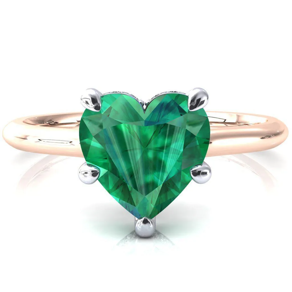 Janey Heart Emerald 5 Prongs Claw Floating Halo Inverted Cathedral Ring