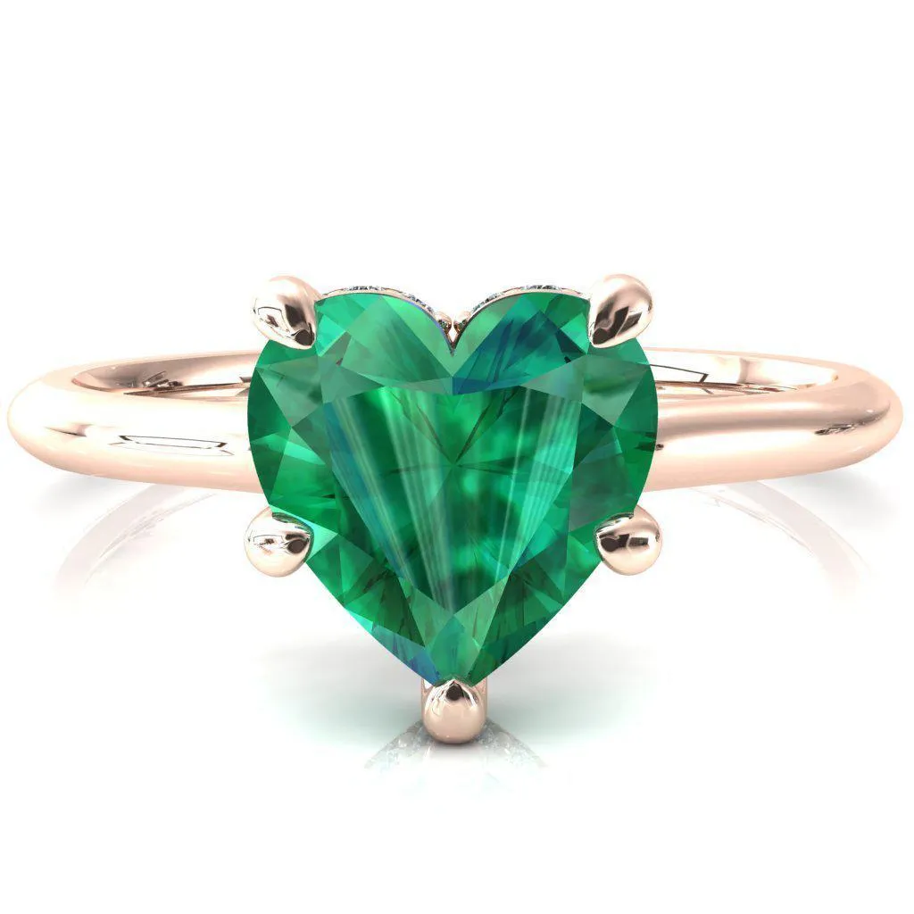 Janey Heart Emerald 5 Prongs Claw Floating Halo Inverted Cathedral Ring